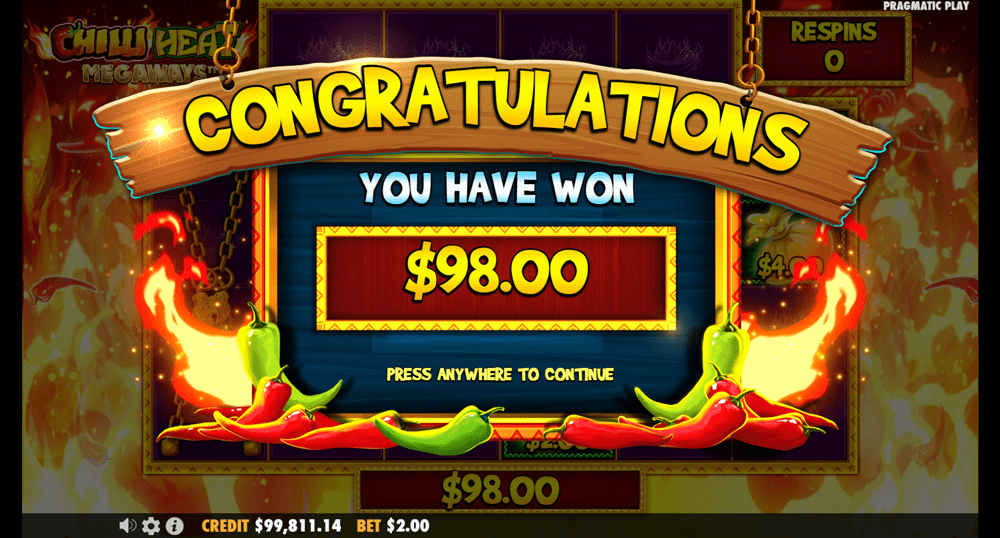 98 dollar win in the Chilli Heat Megaways slot