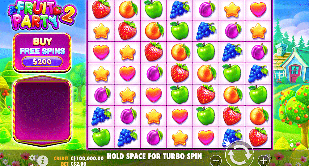 Fruit Party 2 slot theme: fruit, hearts and stars